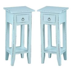 two small blue nightstands side by side on white background, each with one drawer open and the other closed