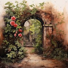 a painting of an archway with roses growing on it and steps leading up to the entrance