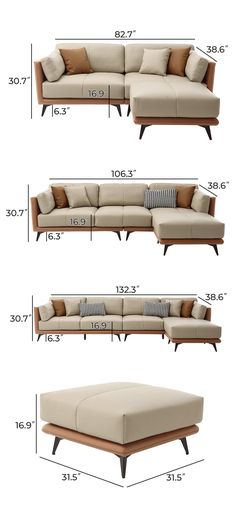 an image of a couch and ottoman with measurements for each sectional sofa in the same room