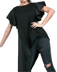 Women Asymmetrical Ruffle Sleeve Top. Material: 100% Cotton Color: Black Spring Blouse With Ruffles And Asymmetrical Hem, Chic Tops With Asymmetrical Hem For Layering, Chic Asymmetrical Tops For Layering, Summer Blouse With Ruffles And Asymmetrical Hem, Black Asymmetrical Top For Work, Chic Blouse With Ruffle Sleeves For Layering, Black Asymmetrical Hem Top For Spring, Black Blouse With Asymmetrical Hem For Spring, Black Asymmetrical Hem Top For Work