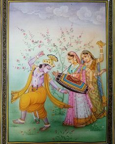 Pichwai Radha Krishna, Kangra Painting, Radha Krishna Traditional Painting, Krishna With Gopis Painting, Painting Radha Krishna Indian Art, Radha Krishna Mughal Painting, Indian Miniature Paintings, Krishna Drawing