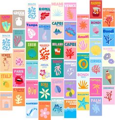 a collage of colorful posters with different types of plants and animals on them, all in various shapes and sizes