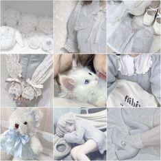 there are many pictures of baby clothes and teddy bears in this collage, including white ones with blue eyes