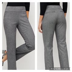 Pull-On Stretch Mid-Rise Slim Fit Straight Leg Black & White Tweed 68% Polyester, 27% Rayon, 5% Spandex 28 Inch Inseam (See Pics) Never Worn Elegant Fitted Tweed Bottoms, Chic Tweed Pants For Workwear, Tweed Bottoms For Workwear In Fall, Fall Tweed Bottoms For Work, Spring Fitted Tweed Bottoms, Black Tweed Bottoms For Work, Fitted Tweed Pants For Workwear, Elegant Spring Pants With Houndstooth Pattern, Elegant Houndstooth Pants For Spring