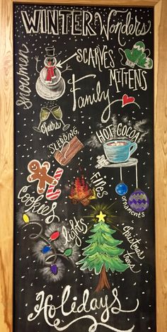 a chalk board with writing on it that says winter wishes, scaves, and family names