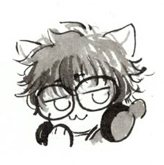 a black and white drawing of a cat with glasses talking on a cell phone while wearing a headset