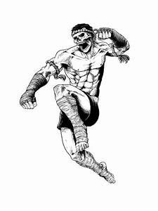 an ink drawing of a wrestler in the air