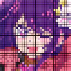 an image of a woman's face made out of squares in purple and pink