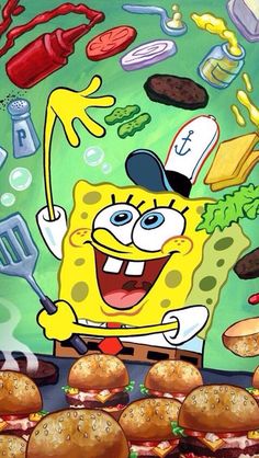 the spongebob cartoon is surrounded by other food items