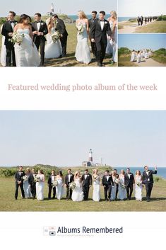 the wedding party is posing for pictures on the beach