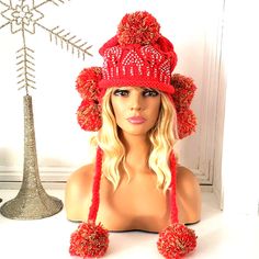 Nwot Adult Light Red And Tan Color Bling Knit Pom Pom Hat Knit Pom Pom Hat, Knit Pom Pom, Winter Knit Hats, Pom Pom Hat, Winter Knits, Knit Hat, Tan Color, Light Red, Festival Captain Hat