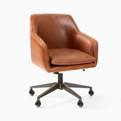 a brown leather office chair with casteors and wheels on an isolated white background, viewed from the front