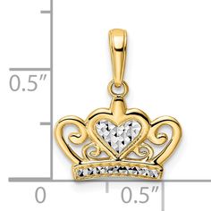 14k Yellow Gold White Rhodium Solid Open Back Polished Diamond Cut Finish Crown Heart Design Charm Pendant Valentine's Day Elegant Crown Design Jewelry, Gold Jewelry With Crown Design For Anniversary, Anniversary Gold Jewelry With Crown Design, Layered Look, Heart Design, Diamond Cut, Charm Pendant, Open Back, Timeless Design