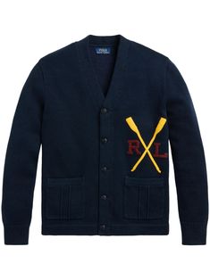 navy blue cotton V-neck long sleeves embroidered logo at the chest front button fastening straight hem ribbed cuffs and hem two front patch pockets Tyler The Creator Outfits, Polo Ralph Lauren Jacket, Preppy Mens Fashion, Ralph Lauren Jacket, Polo Shirt Colors, Embroidered Cardigan, Men Style Tips, Cotton Cardigan, Knitwear Cardigan