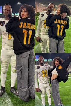 two football players are posing for pictures on the field