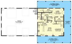 the first floor plan for a house with an attached garage and living room, as well as