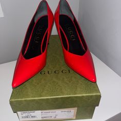 Nwt Red Leather Pump New In Box And Dustbags. Red Leather Patent Pumps From Gucci Featuring Pointed Toe, V-Cut Vamp, Gold-Heel Patent Heel, Leather Insole And Sole. Pointed Toe Slip-On Style V-Cut Vamp Gold Heel Patent Leather Upper Leather Lining And Sole Heel Height: 3” (75mm) Made In Italy Color: Maple Red Msrp: $890.00 + Authentic Guaranteed!!! Designer Red Heels For Formal Occasions, Red Designer Heels For Formal Occasions, Red Gucci Heels For Evening, Gucci Pointed Toe Heels With Red Sole, Luxury Gucci Heels With Red Sole, Gucci Luxury Heels With Red Sole, Gucci Red Heels For Evening, Gucci Red Heels With Branded Heel Counter, Red Gucci Leather Heels