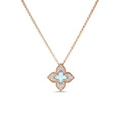 Roberto Coin Venetian Princess Rose Gold Blue Topaz and Diamond Pendant Elegant Blue Necklace With Single Cut Diamonds, Formal Blue Necklace With Rose Cut Diamonds, Luxury Blue Necklace With Single Cut Diamonds, Luxury Blue Topaz Gemstone Necklace, Luxury Blue Necklaces With Single Cut Diamonds, Luxury Blue Diamond Pendant Necklace, Luxury Blue Pendant Diamond Necklace, Luxury Blue Diamond Gemstone Necklace, Luxury Blue Gemstone Diamond Necklace