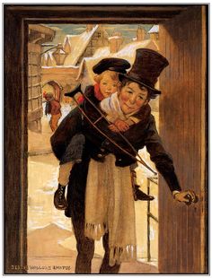 a painting of a man holding a child in his arms and wearing a top hat