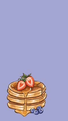 a stack of pancakes with strawberries and blueberries on top, against a purple background