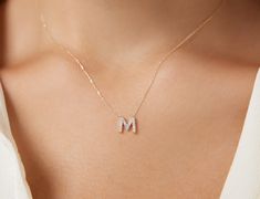 "14K SOLID YELLOW GOLD DAINTY INITIAL NECKLACE WITH DIAMONDS Metal : 14K Solid Gold Necklace Length : 16 inches / 40cm Letter Height : 7.00mm Letter Width : 7.50mm Diamond : 19 Diamonds --- Nice White Color Sparkle Diamonds ---- G-H color SI2 clarity Total Carat: 0.08ct to 0.12cts (Depending on the letter) ---MADE IN USA--- ---All letters from A to Z are available. Please indicate your letter choice in the \"notes to seller\" section on the order. ---This is a beautiful 14K Solid Yellow Gold Dai Letter M Necklace, Gold Initial Pendant, M Necklace, Dainty Initial Necklace, All Letters, Diamond Initial Necklace, Gold Rings Fashion, Solid Gold Necklace, Rings Fashion