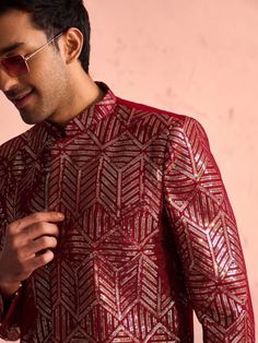 Buy VASTRAMAY Embellished Georgette Sherwani Set - Sherwani for Men from VASTRAMAY at Rs. 3607. Style ID: 25089618 Maroon Fabric, Intricate Embroidery, Georgette Fabric, Maroon Color, Top Design, Modern Elegance, Mandarin Collar, Full Sleeve