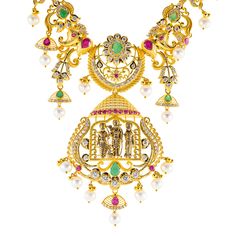 Virani Jewelers presents a stunning 22k antique gold Temple necklace, inspired by the grandeur of traditional Indian jewelry. The intricate goldwork is enhanced by rubies, emeralds, and pearls, creating a luxurious contrast of colors and textures. With its antique finish, this gold temple necklace evokes a sense of timelessness and elegance, ideal for those who appreciate traditional craftsmanship. Whether worn for festive occasions or formal events, this 22k gold and gemstone necklace offers a refined touch of luxury.Features• 22k yellow gold• Antique finish• Engraved details• Emerald• Pearls• Ruby Specifications:• Minimum Width - 2.3 millimeters• Maximum Width - 45.5 millimeters• Length - 28 inches• Weight - 83.8 grams Luxury Elegant Gold Temple Necklace, Luxury Yellow Gold Temple Necklace For Festivals, Luxury Ruby Temple Necklace With 17 Jewels, Traditional 22k Gold Luxury Temple Necklace, Luxury Heavy Ruby Temple Necklace, Elegant Ruby Gemstone Temple Necklace, Ceremonial Ruby Temple Necklace, Luxury Yellow Gold Ruby Temple Necklace, Traditional Indian Jewellery