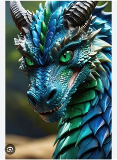 a blue dragon with green eyes and horns