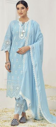 Blue color Salwar Kameez in Cotton fabric with Embroidered, Resham, Thread work Unstitched Light Blue Lawn Suit For Wedding, Blue Anarkali Lawn Suit For Wedding, Light Blue Lawn Suit For Wedding And Eid, Blue Lawn Suit With Pallu For Eid, Light Blue Unstitched Wedding Suit For Eid, Light Blue Unstitched Suit For Wedding And Eid, Blue Lawn Suit For Wedding Diwali Festival, Blue Lawn Suit For Wedding And Festivals, Wedding Blue Lawn Suit For Festivals