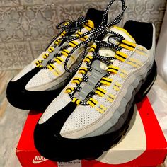 Nike Air Max 95 Prm Sneakers 2011 Size 10.5 Lightly Worn Original Box Yellow Sneakers With Rubber Waffle Outsoles For Streetwear, Yellow Lace-up Sneakers With Air Cushioning, Yellow Sneakers With Air Cushioning For Jogging, Yellow Air Cushioned Sneakers For Jogging, Yellow Running Shoes With Rubber Waffle Outsoles For Sports, Yellow Low-top Custom Sneakers With Air Cushioning, Yellow Running Shoes With Rubber Waffle Outsoles For Streetwear, Yellow Custom Sneakers With Air Max Cushioning, Yellow Custom Low-top Sneakers With Air Max Cushioning