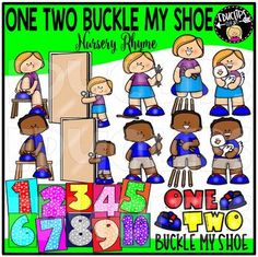 one two buckle my shoe nursery theme clipart for the numbers 1, 2, and 3