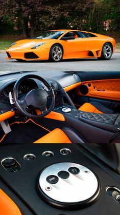 an orange and black sports car parked on the street