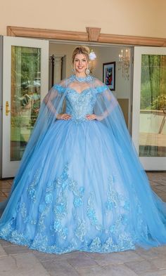 Quinceanera ball gown with off the shoulder straps, sweetheart neckline and removable cape. Sweet 16 Cinderella Theme, Cinderella Sweet 16, Quince Dress, Body Measurement, Quinceanera Dress, Bahama Blue, Prom Girl, Dancing Queen, Beaded Trim