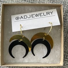 Never Worn Earrings, Originally $48, Approximately 2.5 Inches Long Nickel-free Black Everyday Jewelry, Black Brass Hoop Earrings As Gift, Black Crescent Metal Jewelry, Black Metal Crescent Jewelry, Minimalist Black Brass Jewelry, Nickel-free Black Brass Earrings, Handmade Black Crescent Earrings, Black Adjustable Crescent Jewelry, Black Brass Earrings For Gifting