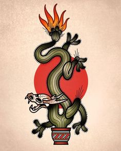 a drawing of a snake on top of a potted plant with flames in the background