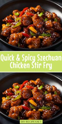 two plates filled with chicken and peppers on top of each other, next to the words quick & spicy szechuan chicken stir fry