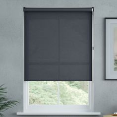 a grey roller shade in a living room with a potted plant on the window sill