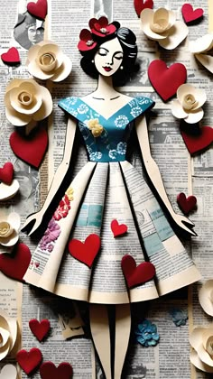 an altered paper doll is surrounded by hearts and other things that are cut out of newspaper