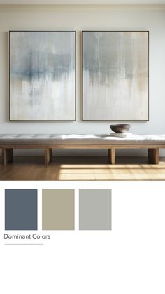 two paintings on the wall above a bench in a room with wood flooring and white walls