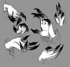 some black and white drawings of hands with birds flying around them on a gray background