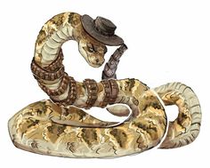 a drawing of a snake with a hat on it's head and its tail curled up