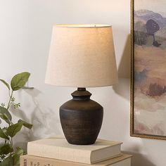 a lamp sitting on top of a stack of books next to a painting and plant