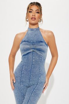 Available In Light Wash. Denim Jumpsuit Halter Mock Neck Bow Detail Hardware Detail Seam Flare Leg Stretch Disclaimer: Due To The Specialized Wash Process, Each Garment Is Unique. 56% Cotton 22% Polyester 20% Rayon 2% Spandex Imported | Kittie Denim Jumpsuit in Light Wash size Medium by Fashion Nova Stretch Denim Jumpsuits And Rompers, Fitted Sleeveless Denim Overalls, Medium Wash Stretch Denim Jumpsuits And Rompers, Fitted Light Wash Denim Overall Jumpsuit, Stretch Denim Jumpsuits And Rompers In Medium Wash, Stretch Denim Blue Overalls, Fitted High Rise Denim Blue Overalls, Fitted High-rise Denim Blue Overalls, High Rise Fitted Denim Jumpsuit For Summer