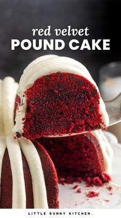 a red velvet pound cake with white frosting