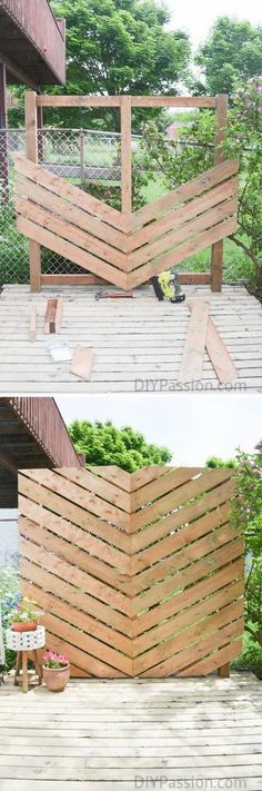 two different views of a wooden structure in the middle of a yard with plants growing on it