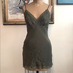 Golden Hawk Military Green 100% Silk Slip In Size Small. Never Used But Shows Some Wrinkles Due To Storing. Elegant Fitted Green Sleepwear, Fitted Green Sleepwear With Lace Trim, Silk Slip, Military Green, Green Color, Women's Intimates, Green Colors, Wrinkles, Slip On