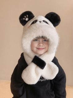 1pc Kids Fluffy Panda Themed 3-In-1 Winter Mask Scarf And Hat, Thickened & Warm, Suitable For Cold Weather Black and White Cute   Fabric  Knit Hat   Kids Accessories, size features are:Bust: ,Length: ,Sleeve Length: Winter Mask, Sports Jackets Women, Knitted Hats Kids, Scarf And Hat, Childrens Hats, Winter Themed, Ear Hats, Knit Beanie Hat, Warm Outfits