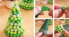 the process of making a christmas tree out of green and white stars is shown here