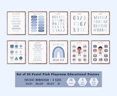 the set of pastel pink playroom educational posters is shown in blue and white