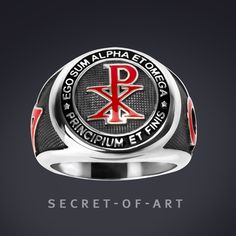 Chi Rho Ring Chi Rho Signet Ring - Jesus Alpha Omega Silver 925 Sterling, Red Enamel, very fine work Very fine Chi-Ro ring: Jesus, Alpha and Omega. With filigree Symbols on the side of the ring: Alpha and Omega. This high-quality silver ring is handmade in highest quality craftsmanship.  Details: -    Material: Silver 925 Sterling -    Weight: 15 gram -    Size: 1,9 * 1,9 cm -    Quality: Fine, stamped -    Craftsmanship: Filigree and detailed Chi Rho Ring Chi-Rho Signet ring Jesus Alpha Omega Catholic Church Religious Silver 925 Sterling, Chi Ro jewelry Christian Christianity If you have any questions, please let us know. We are more than happy to help and assist you. Thank you very much for stopping by and considering our store. Best regards Thomas from Secret of Art Please find more bea Symbolic Promise Jewelry With Polished Finish, Red Symbolic Engraved Jewelry, Symbolic Rings With Polished Finish For Commemoration, Symbolic Oval Jewelry For Commemoration, Symbolic Red Jewelry For Anniversary, Symbolic Silver Ring For Commemoration, Sterling Silver Enamel Ring With Polished Finish, Red Symbolic Sterling Silver Ring, Silver Engraved Enamel Ring